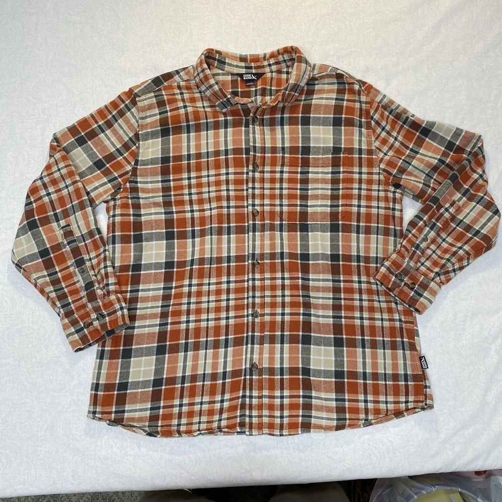 Eddie Bauer Flannel Shirt Mens XXL Blue Orange Plaid Button Up Lot 2
